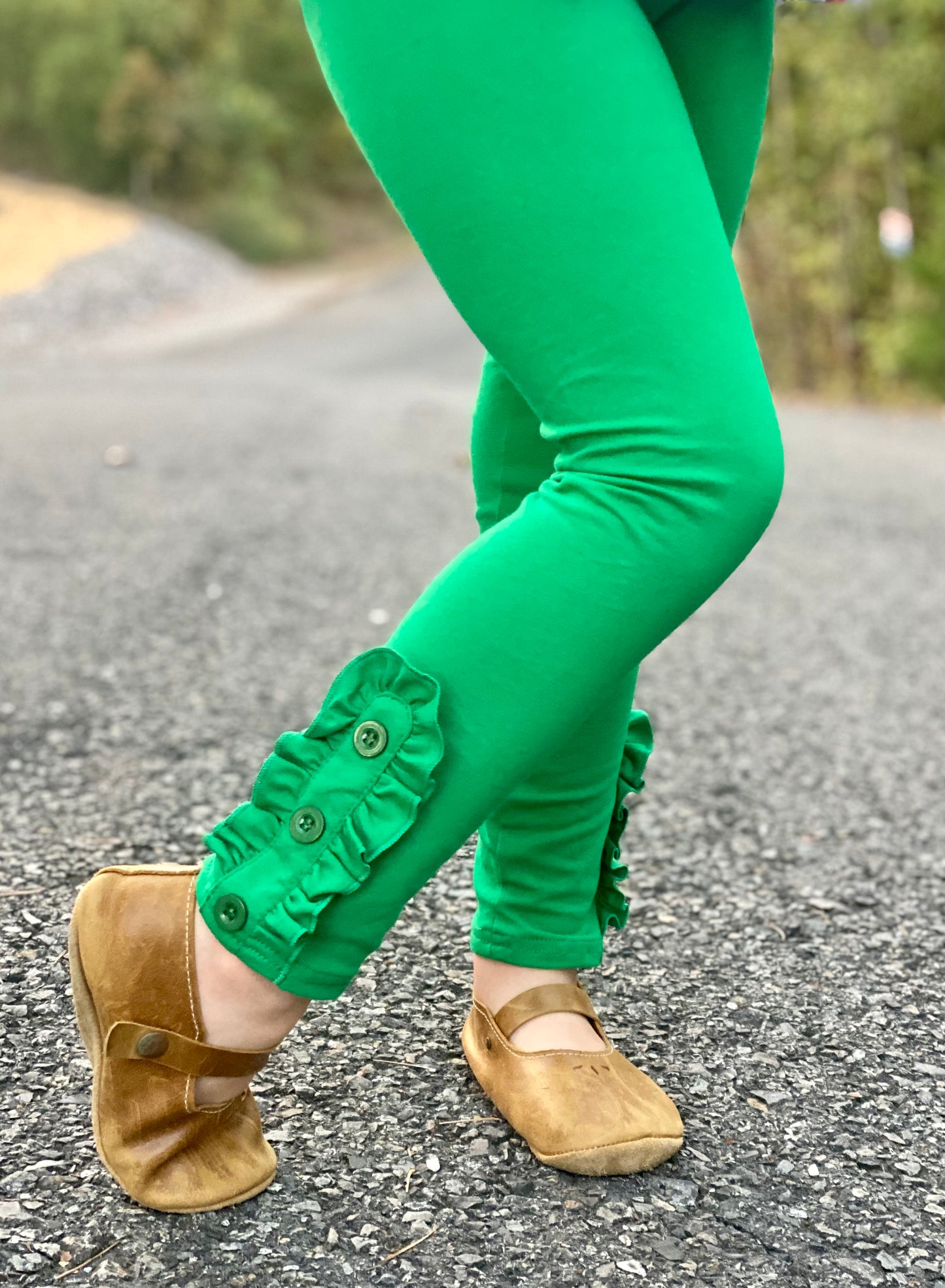 Girls Green Ruffle and Button Legging