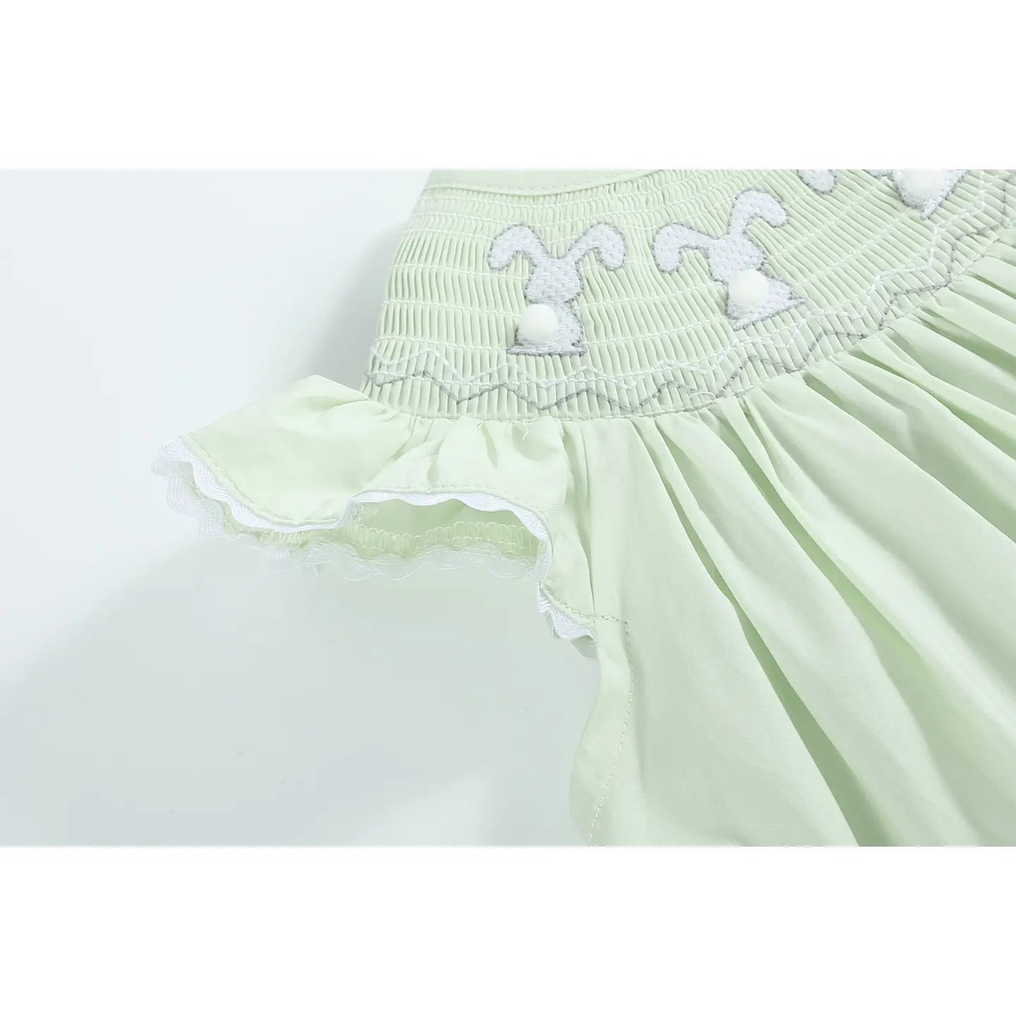 Girls Honeydew Green Bunny Smocked Bishop Dress