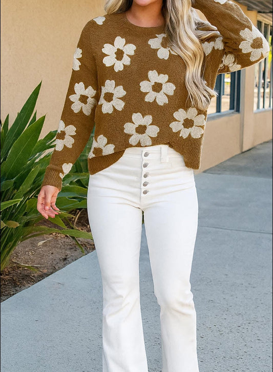 Pre-order Camel Fuzzy Flower Sweater October