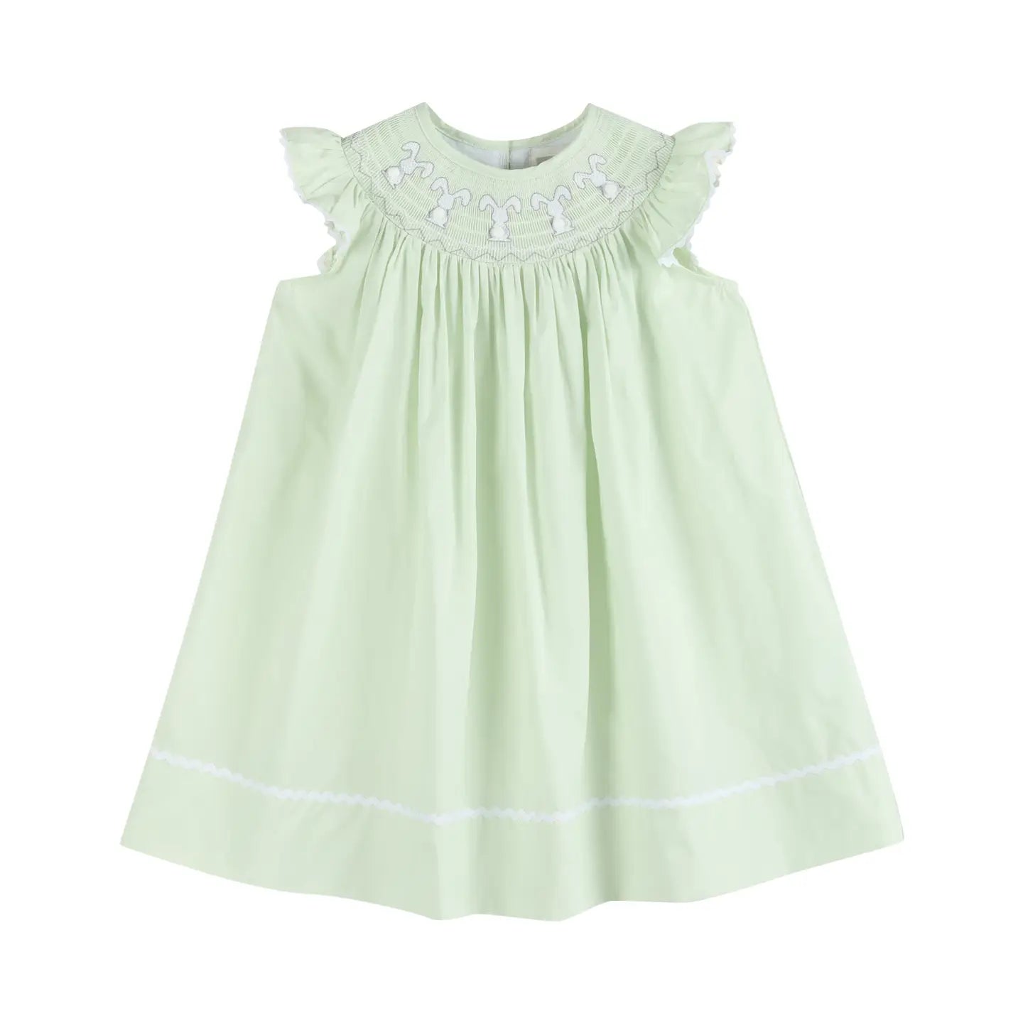 Girls Honeydew Green Bunny Smocked Bishop Dress