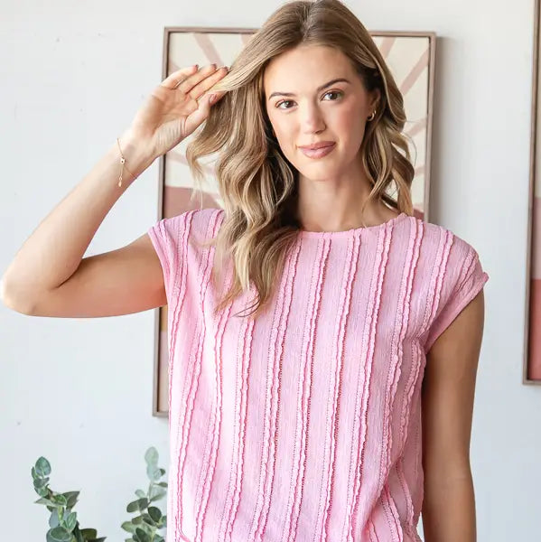 Women's Pink Textured Cap Sleeve Top