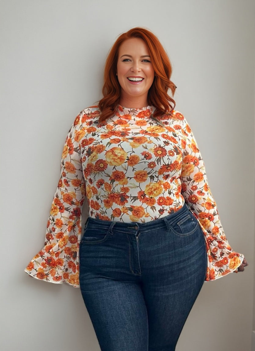 Women’s Orange Floral Mesh Boho Top