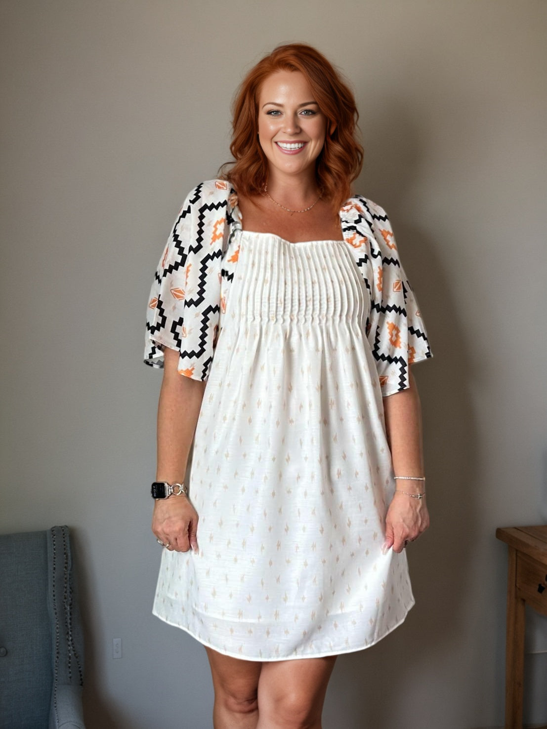 Women’s White Geometric Sleeve Dress