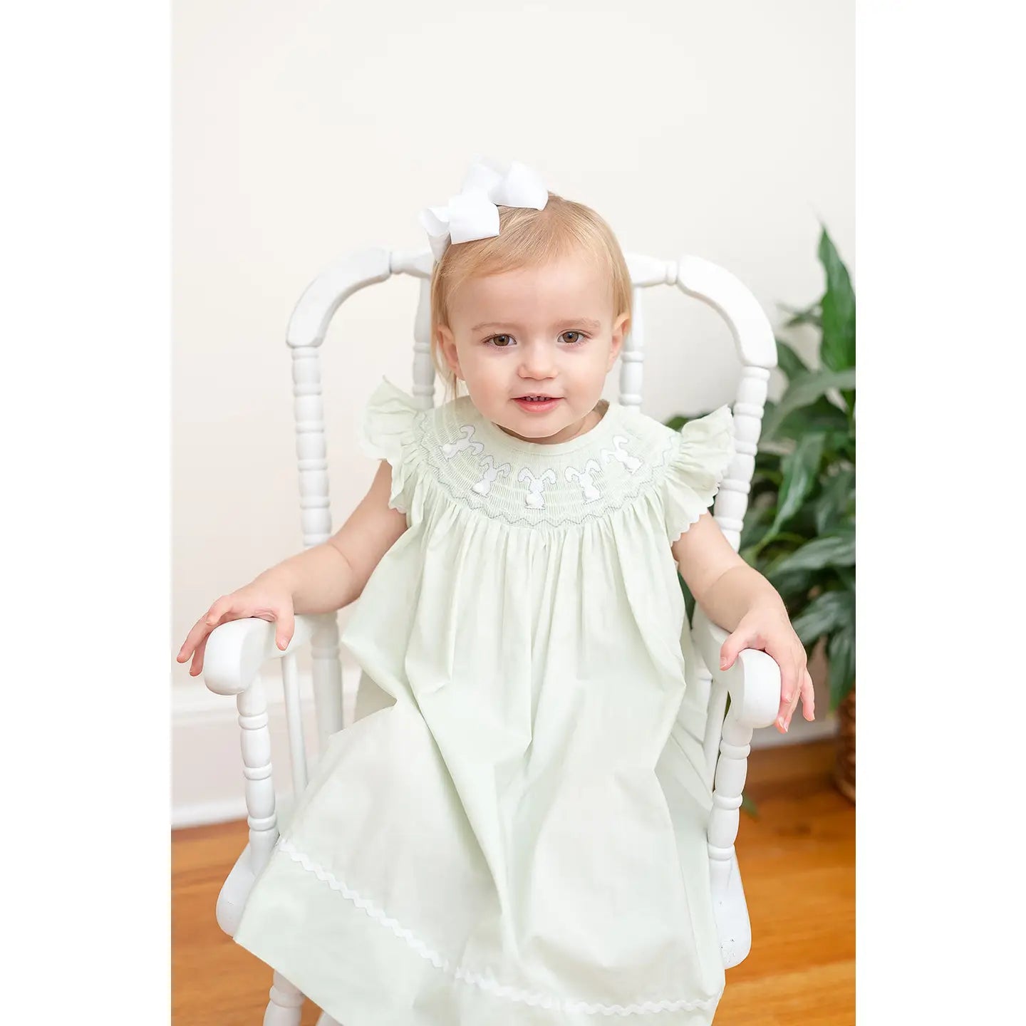 Girls Honeydew Green Bunny Smocked Bishop Dress