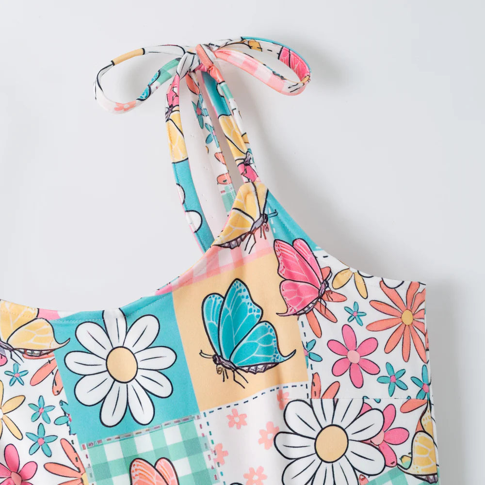 Pre-order Daisy and Butterfly Patchwork Tie Shoulder Dress