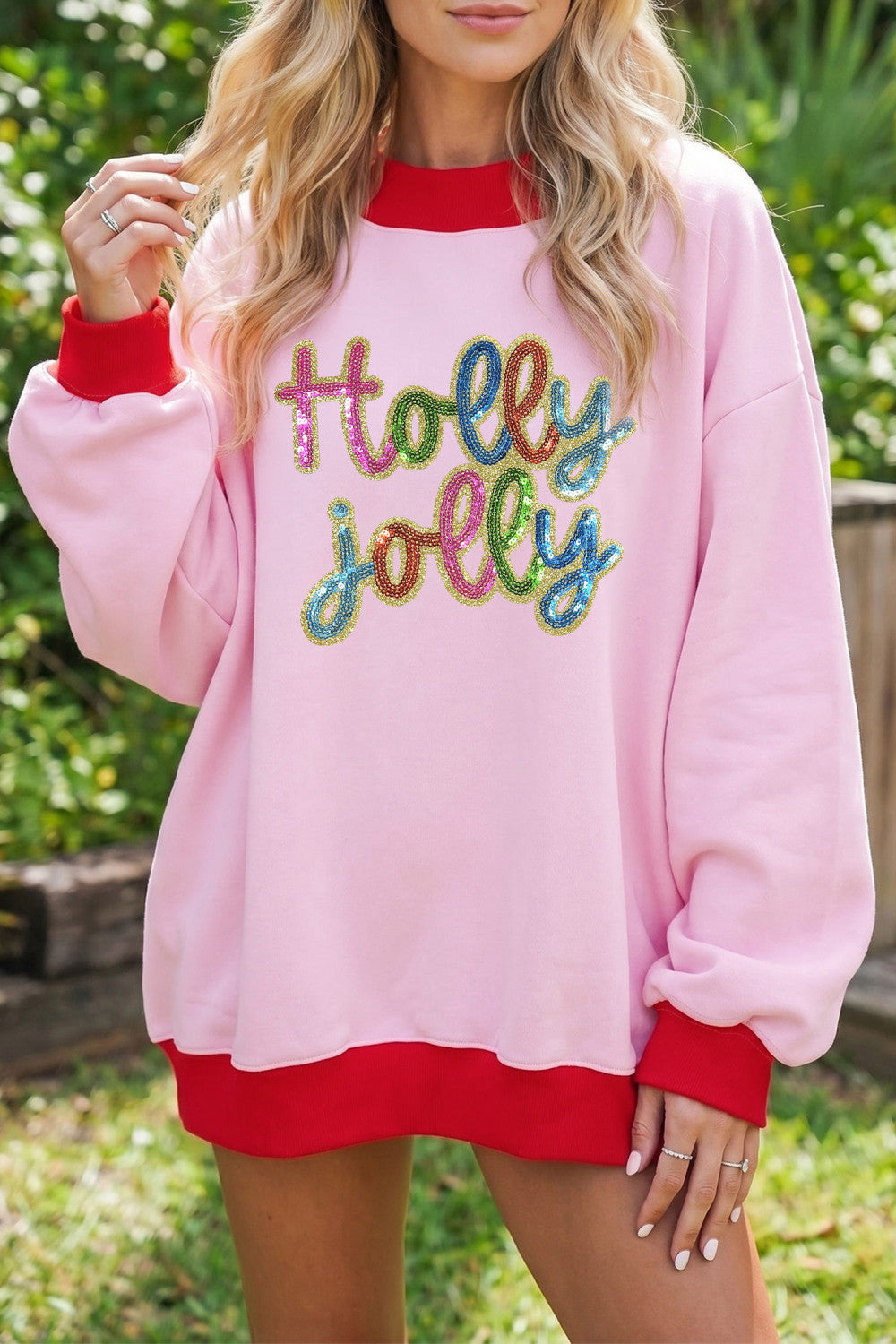 Women’s Pink Holly jolly Sequin Sweatshirt RTS