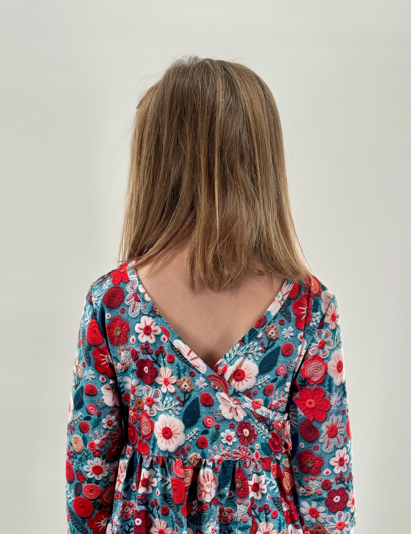 Girls Faux Embroidered Floral Dress