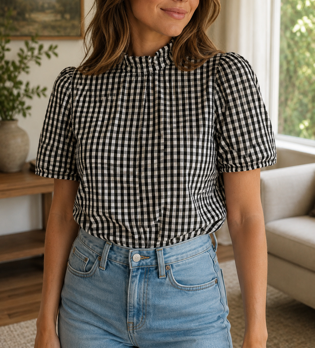 Pre-order Black Plaid Frilled Blouse