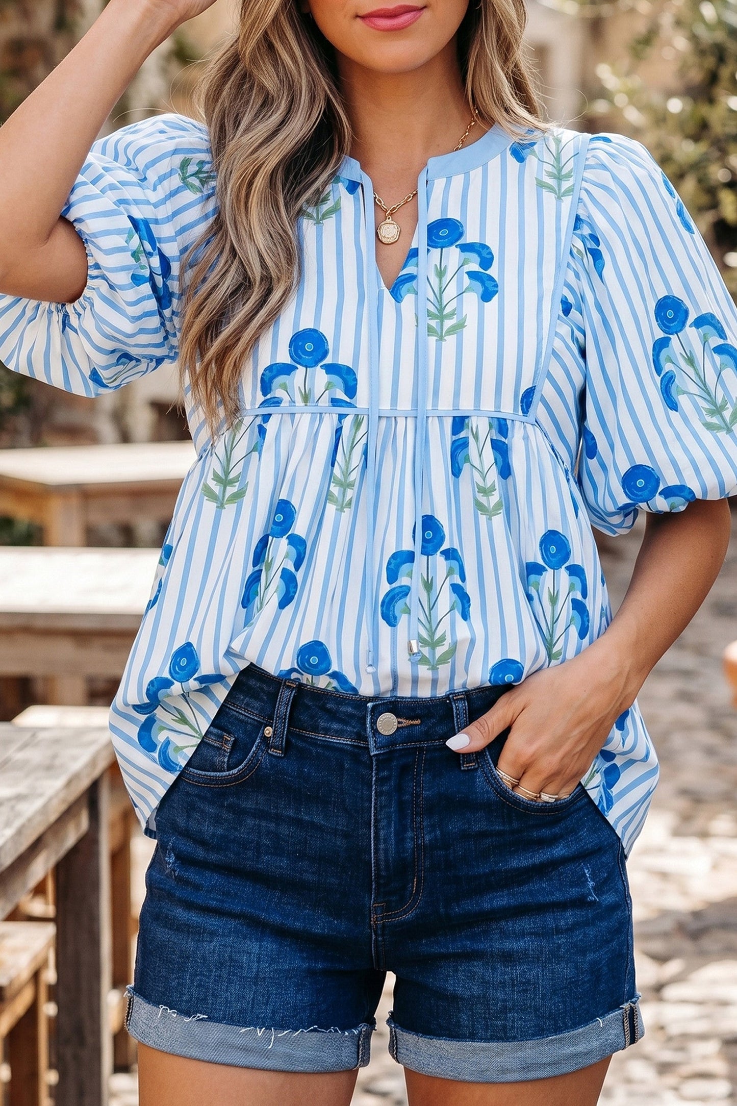 Pre-order Blue Floral Tie Blouse
