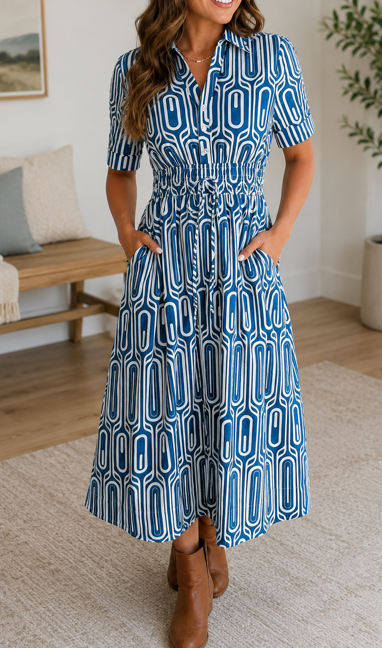 Pre-order Blue Geometric Drawstring Dress