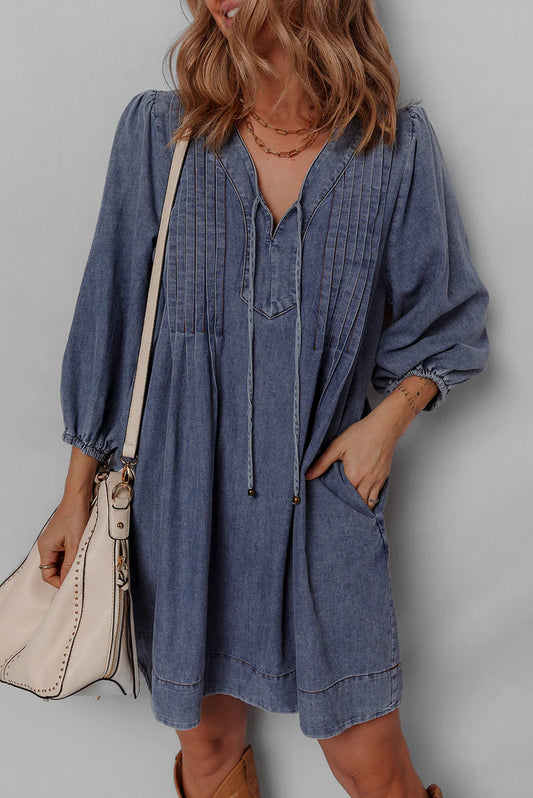 Pre-order Blue Tied V Neck Denim Dress