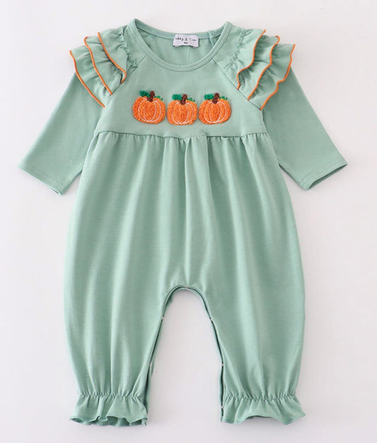 Girls French Sage Pumpkin Knot Ruffle Romper