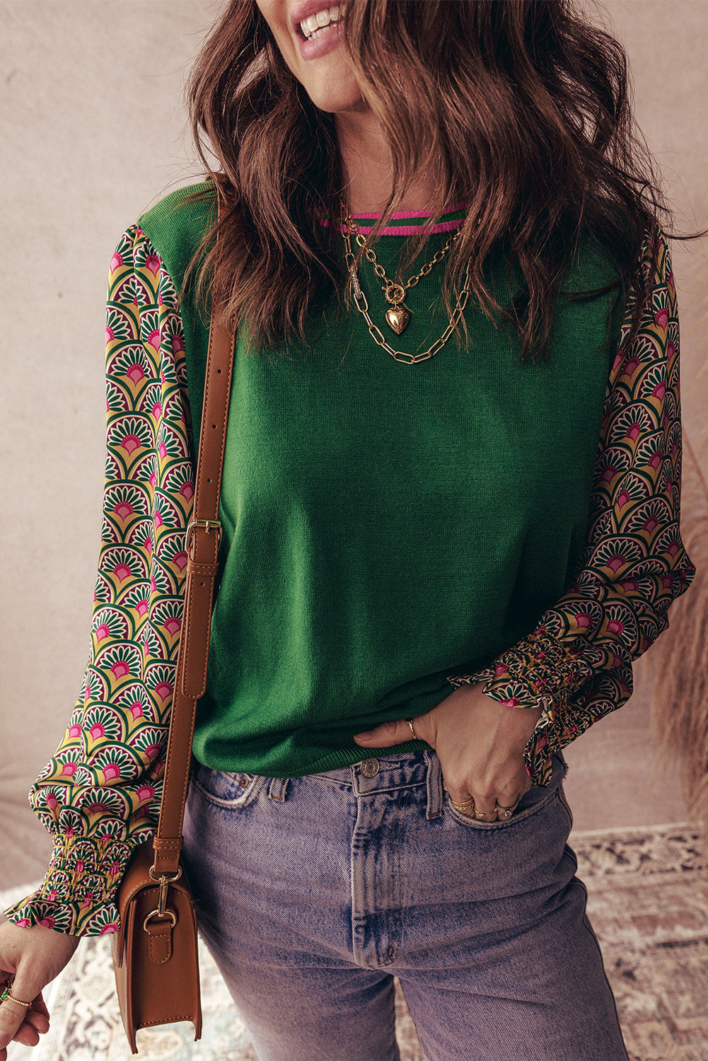 Pre-order Green Floral Shirred Cuff Top August