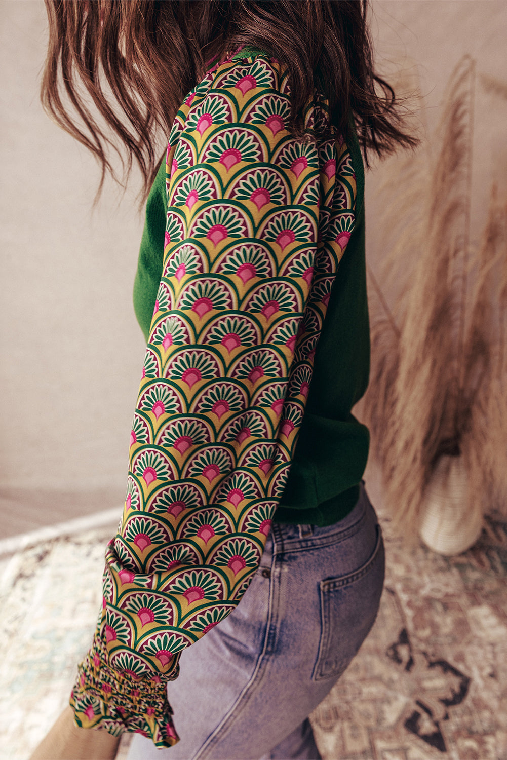 Pre-order Green Floral Shirred Cuff Top August