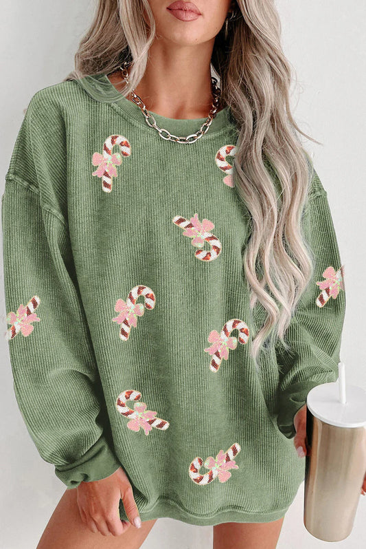 Pre-order Green Candy Cane Sequin Ribbed Sweatshirt