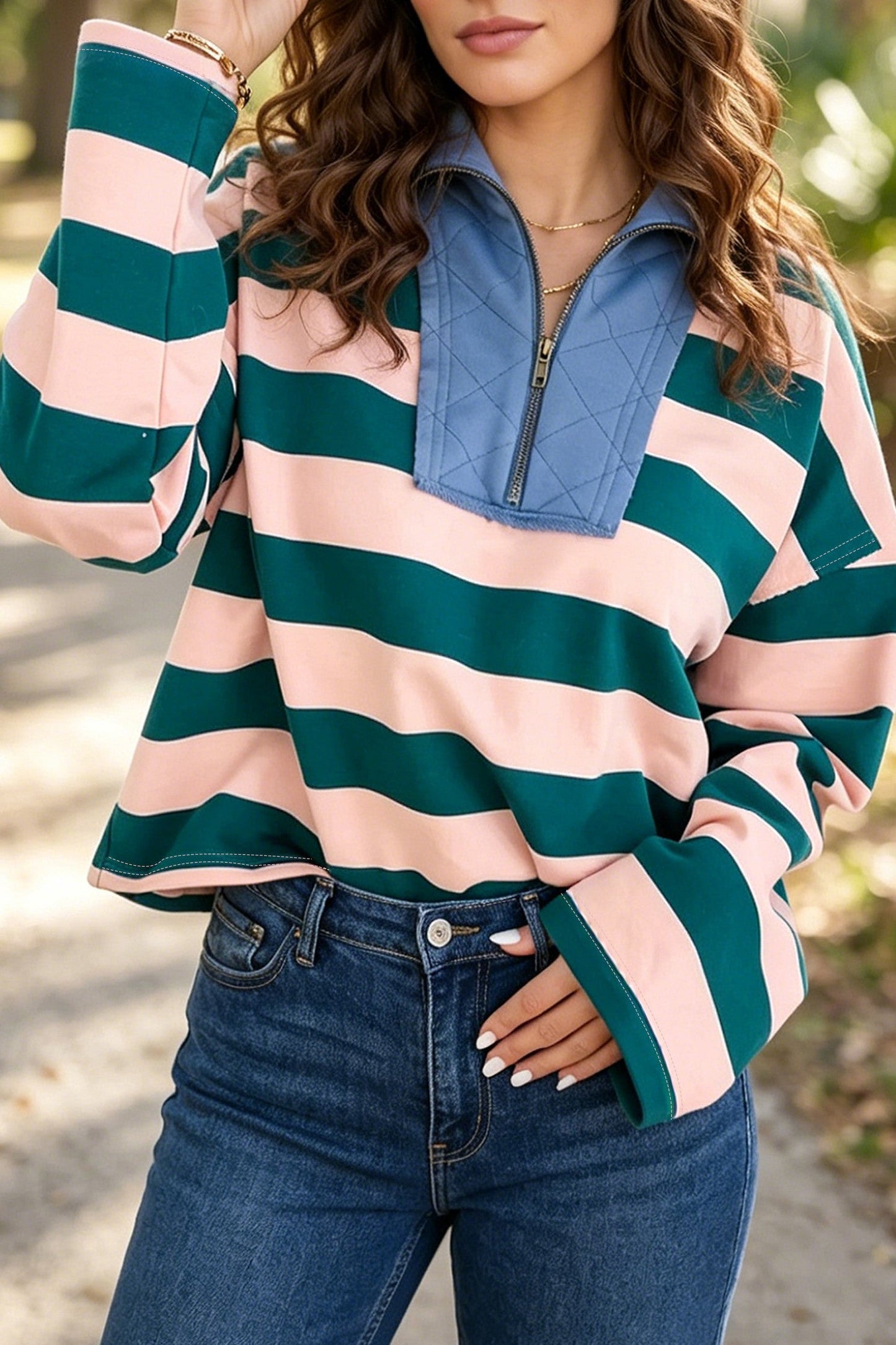 Pre-order Green Stripe Quarter Zip Top