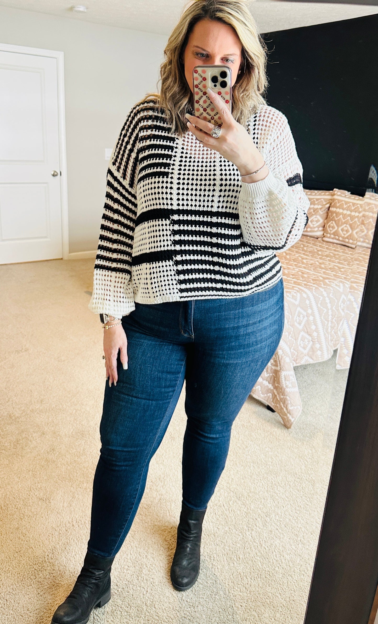Women's Black and White Stripe Knit Sweater