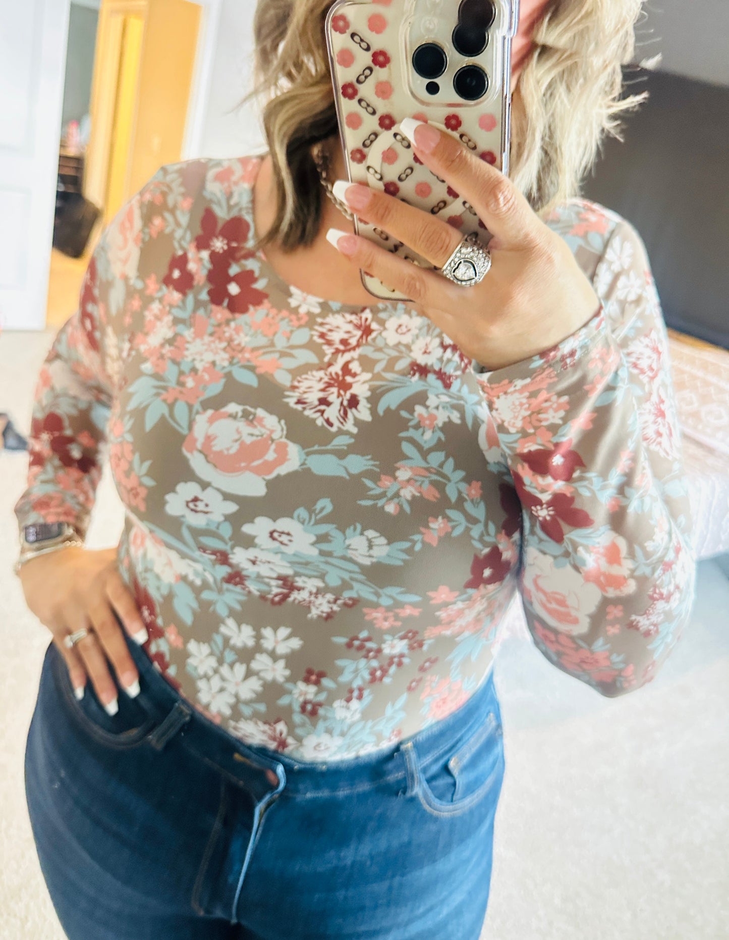 Women's Floral Print Mesh Top