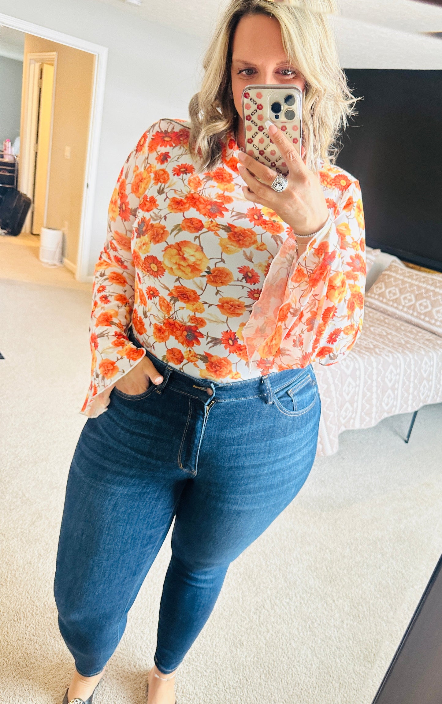 Women’s Orange Floral Mesh Boho Top