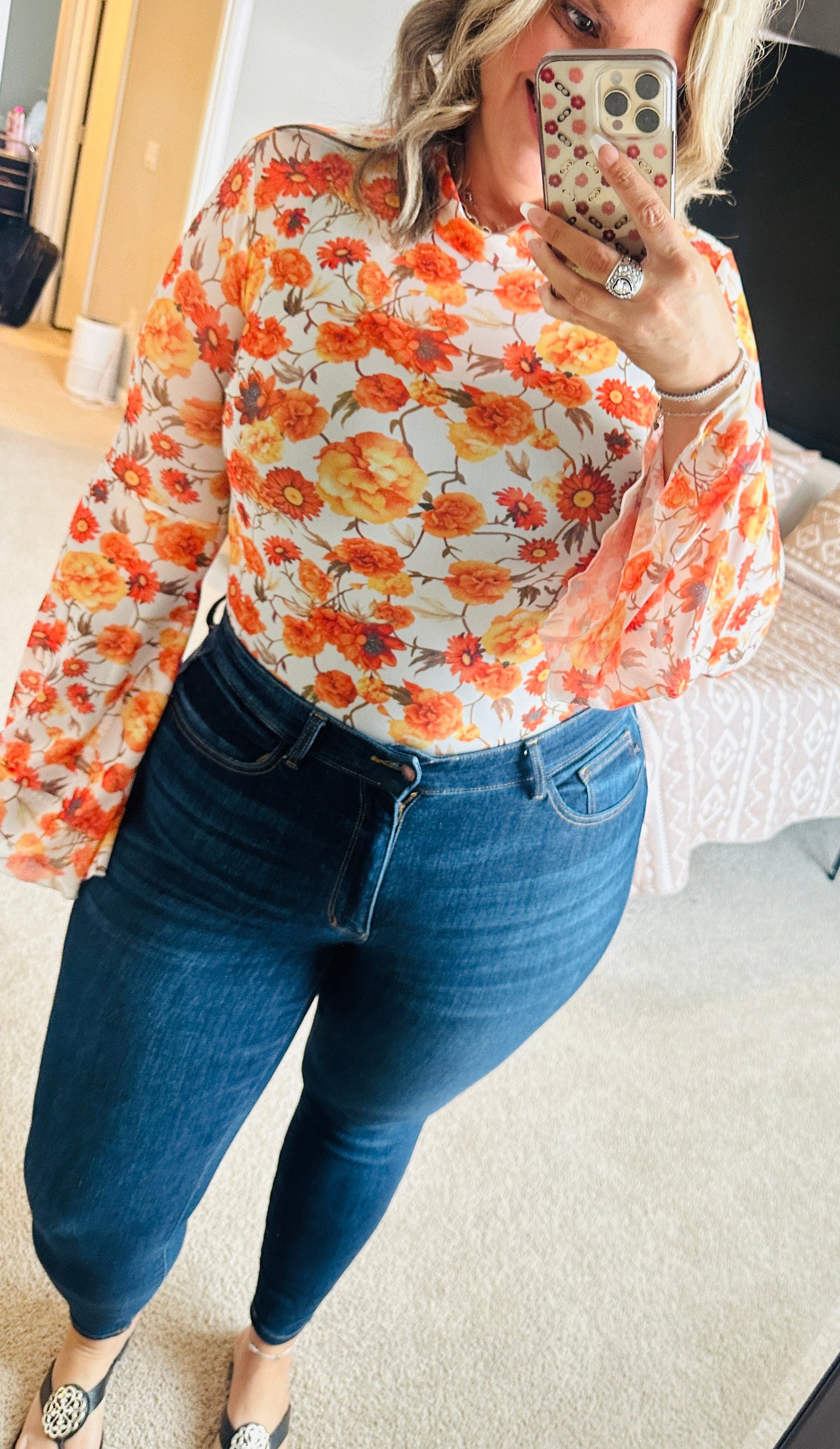 Women’s Orange Floral Mesh Boho Top