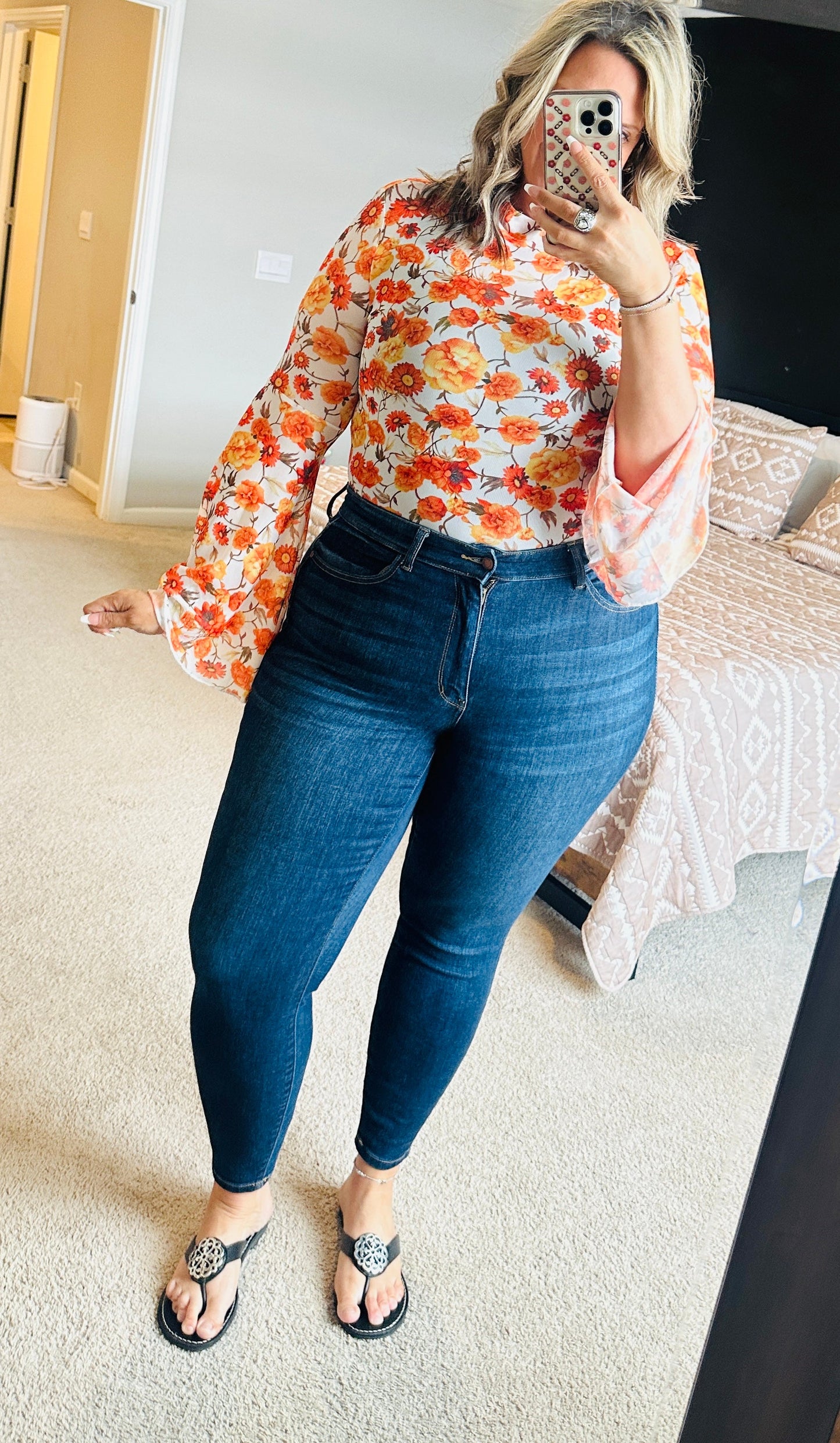 Women’s Orange Floral Mesh Boho Top