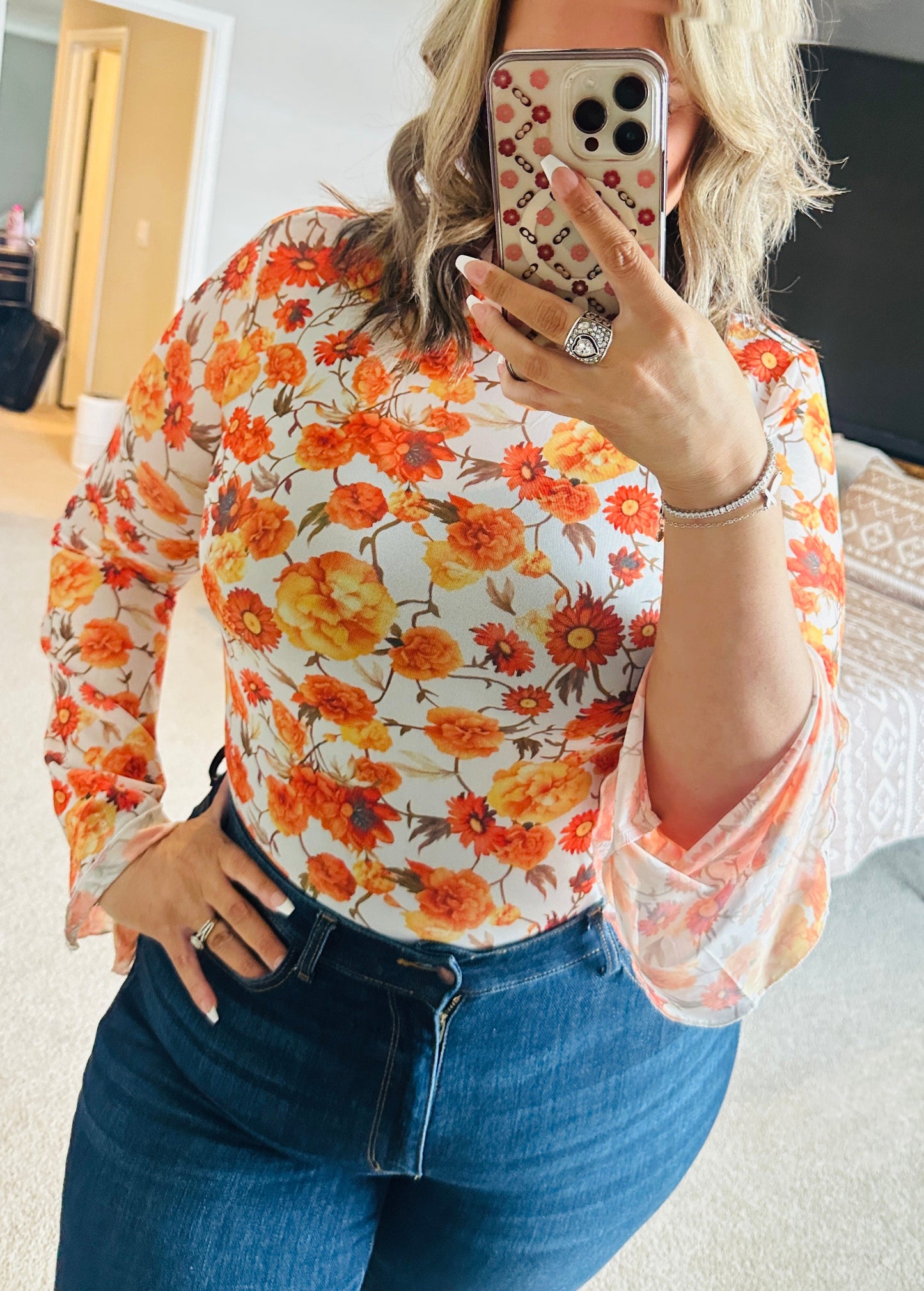 Women’s Orange Floral Mesh Boho Top