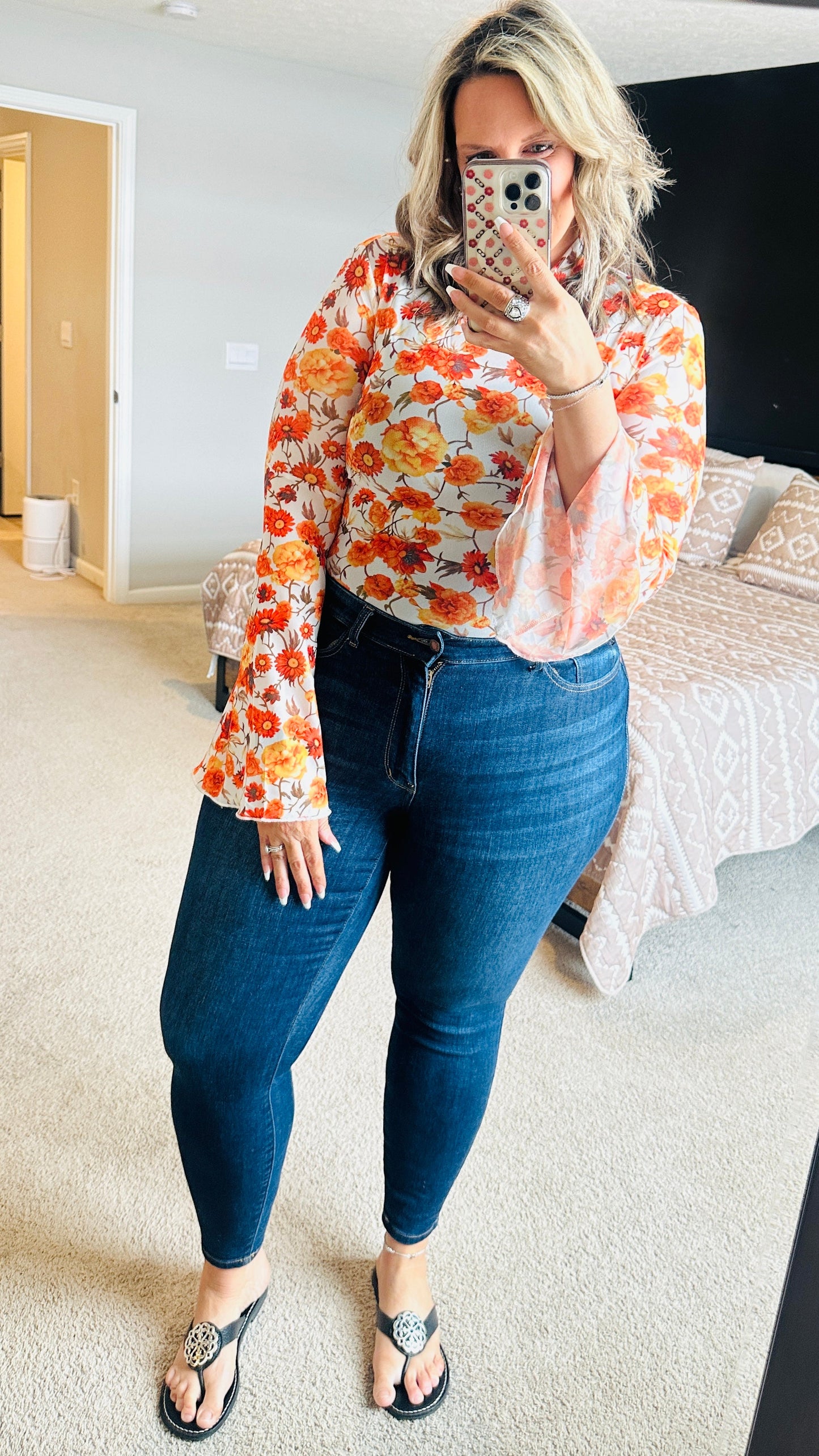 Women’s Orange Floral Mesh Boho Top