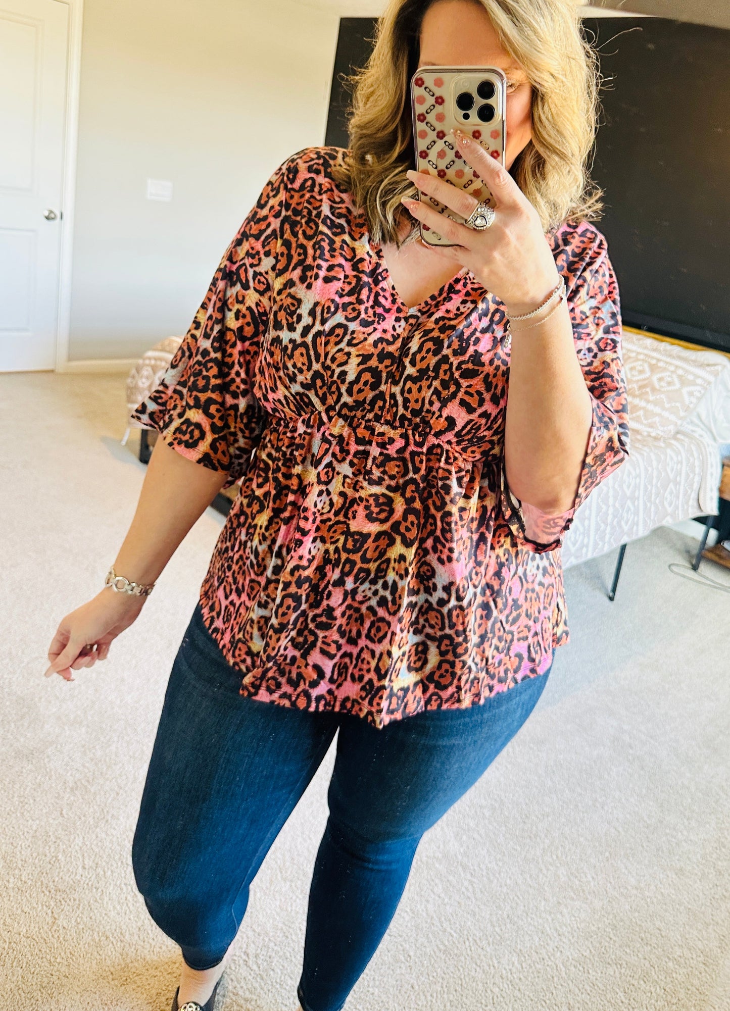 Women’s Rainbow Leopard V Neck Babydoll Top