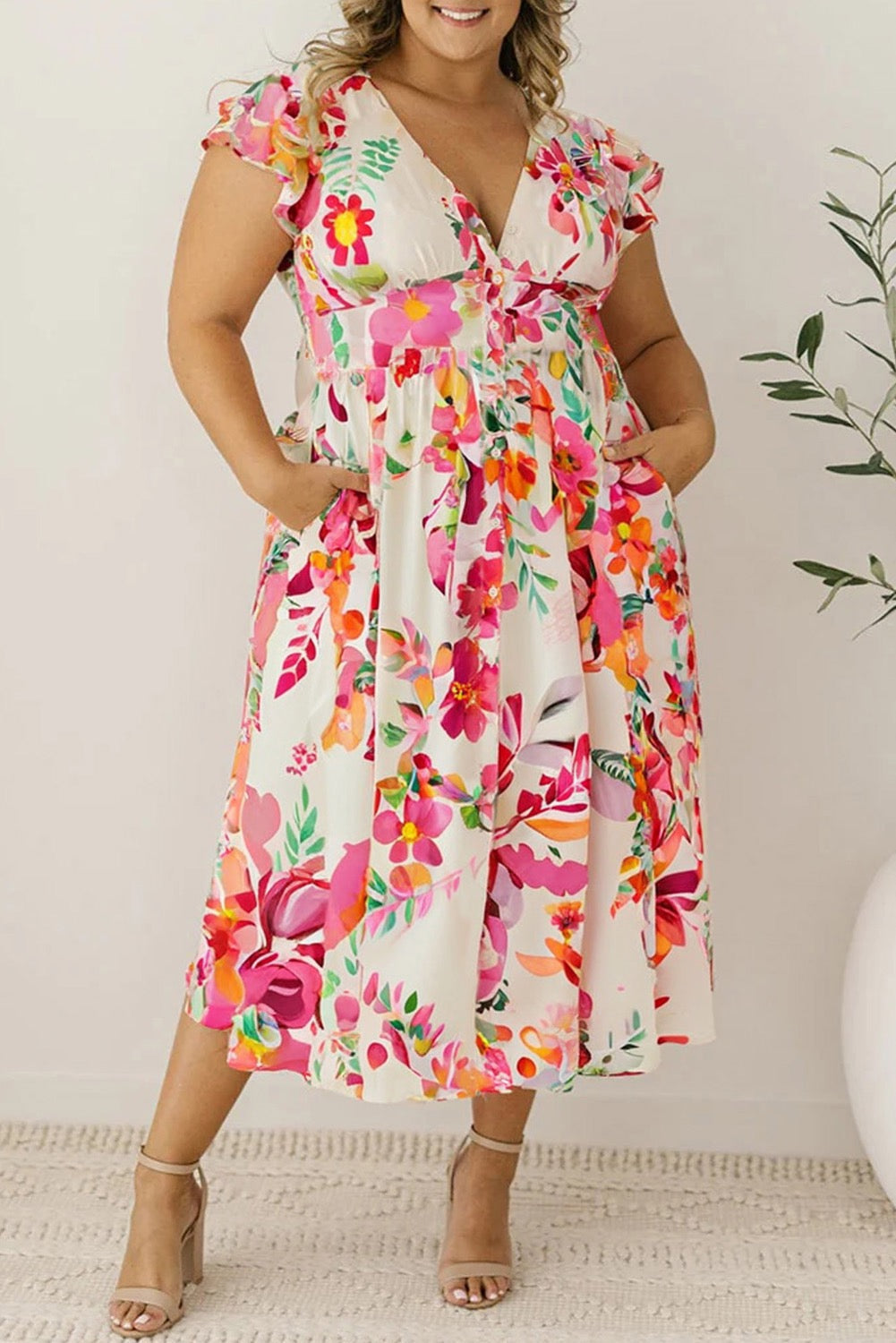 Pre-order Floral Ruffle Midi Plus Size Dress