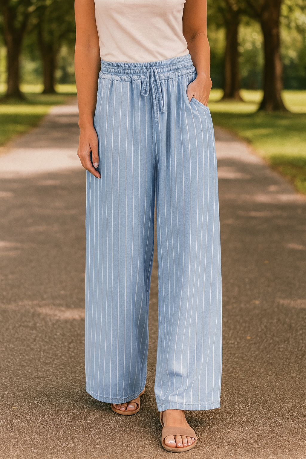 Pre-order Blue Stripe Chambray Elastic Pants September
