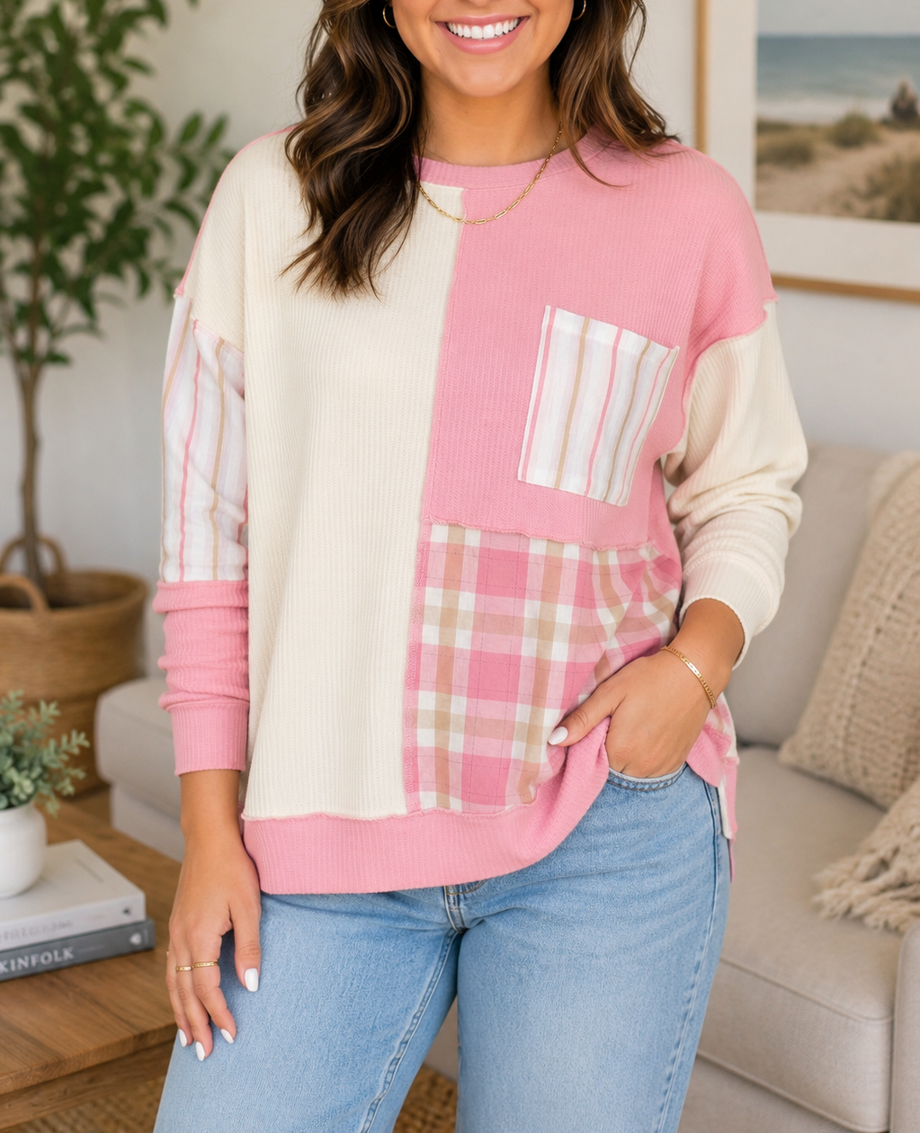 Pre-order Pink Colorblock Plaid Plus Blouse