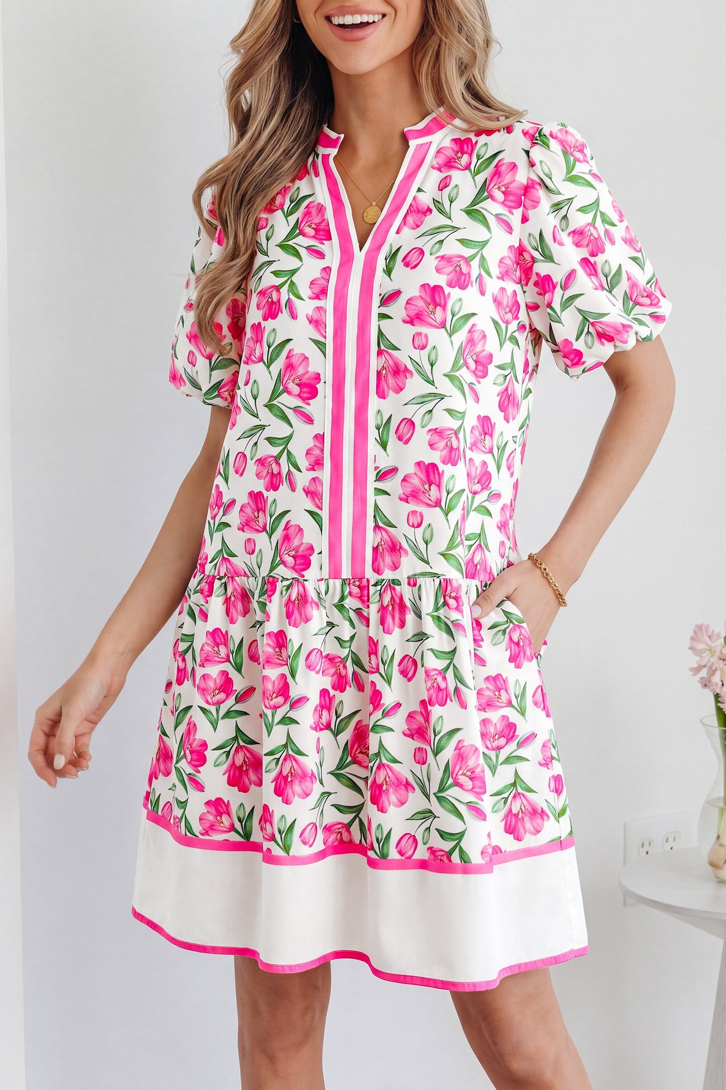 Pre-order Pink Floral Striped Dress