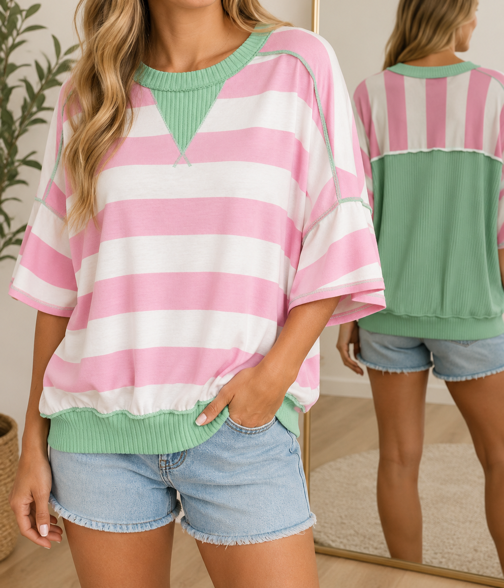 Pre-order Pink Stripe Ribbed Top