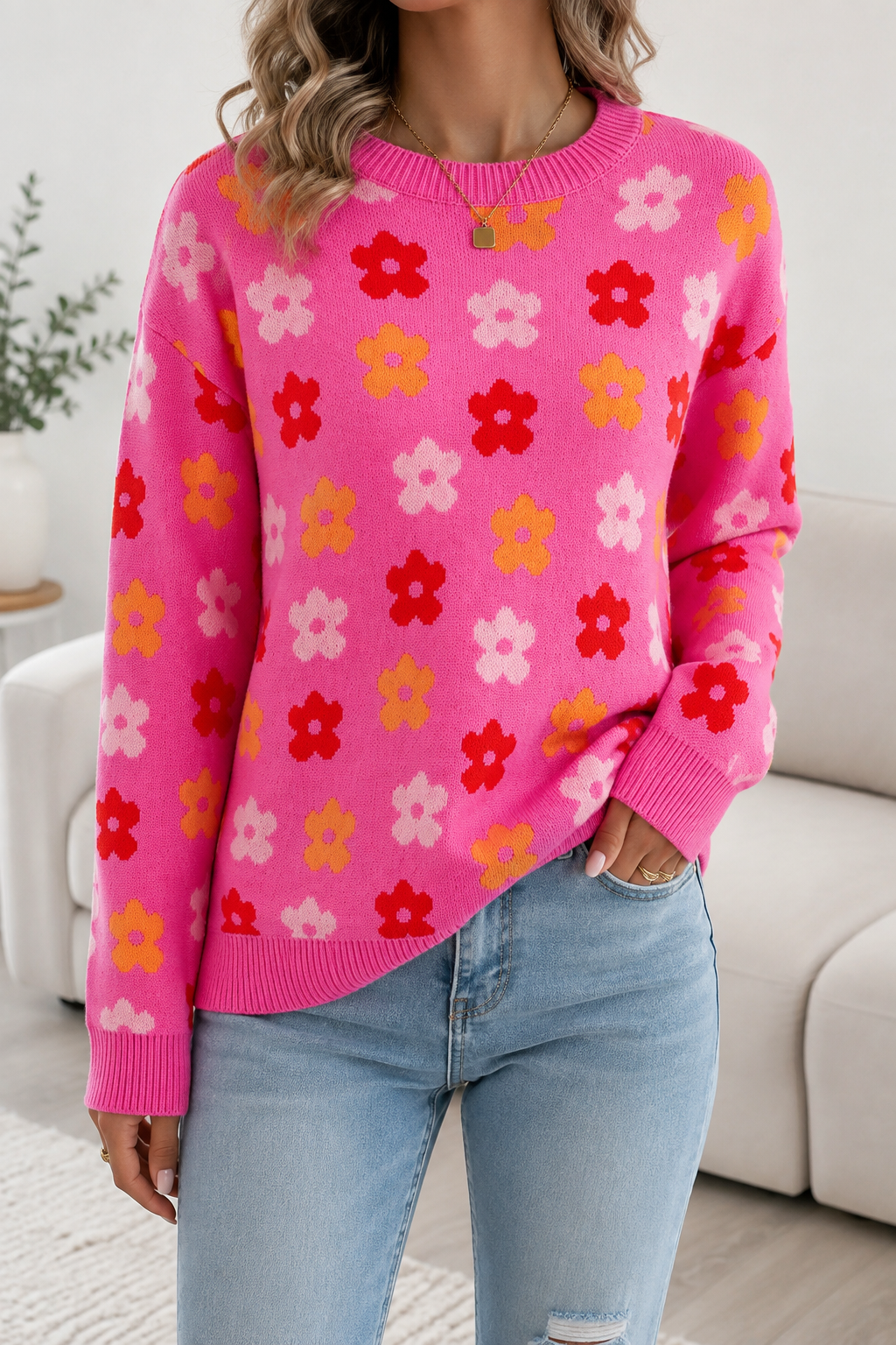 Pre-order Rose Flower Ribbed Sweater
