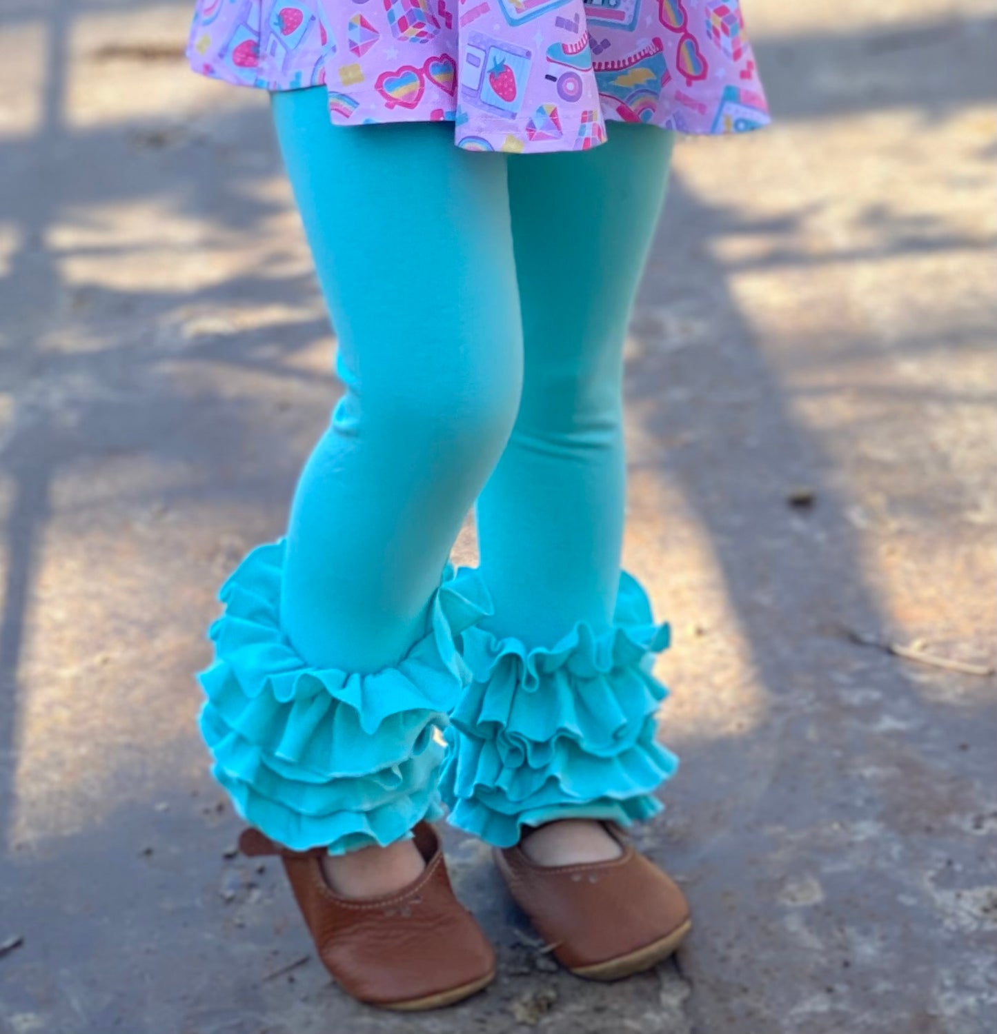 Girls Aqua Triple Ruffle Leggings
