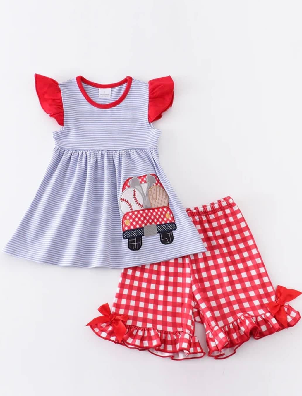 Baseball Applique Plaid Short Set