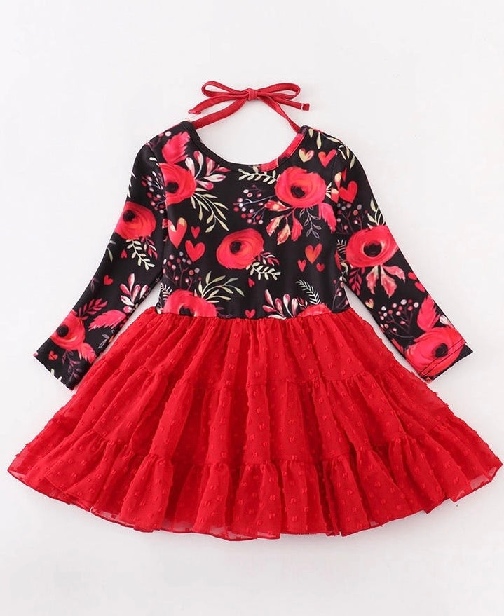 Girls Floral Red Tulle Dress