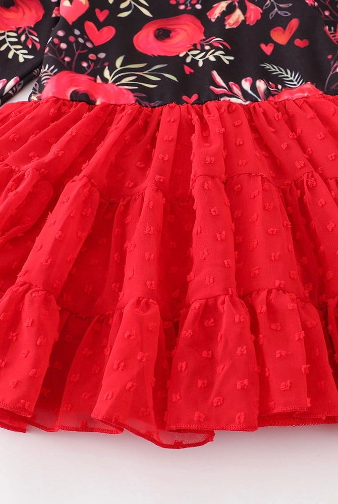 Girls Floral Red Tulle Dress