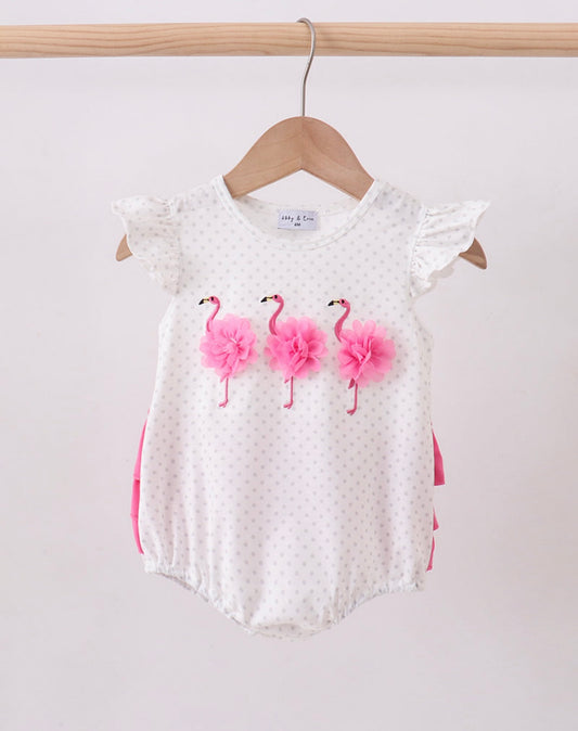 Girls Pink Flamingo Embroidery Ruffle Bubble