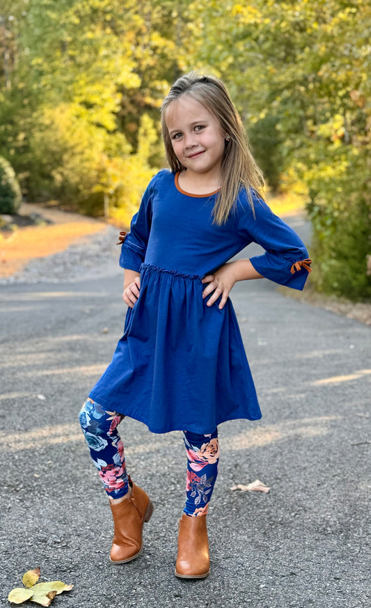 Girls Navy Bow Bell Sleeve A-Line Dress