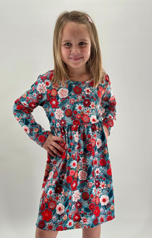 Girls Faux Embroidered Floral Dress