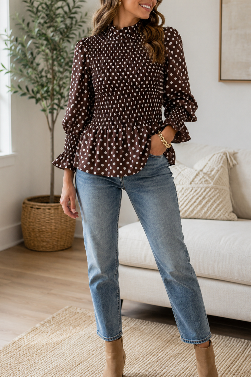 Pre-order Brown Polka Dot Ruffled Blouse