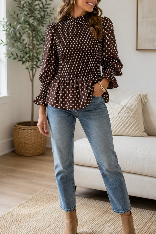Pre-order Brown Polka Dot Ruffled Blouse