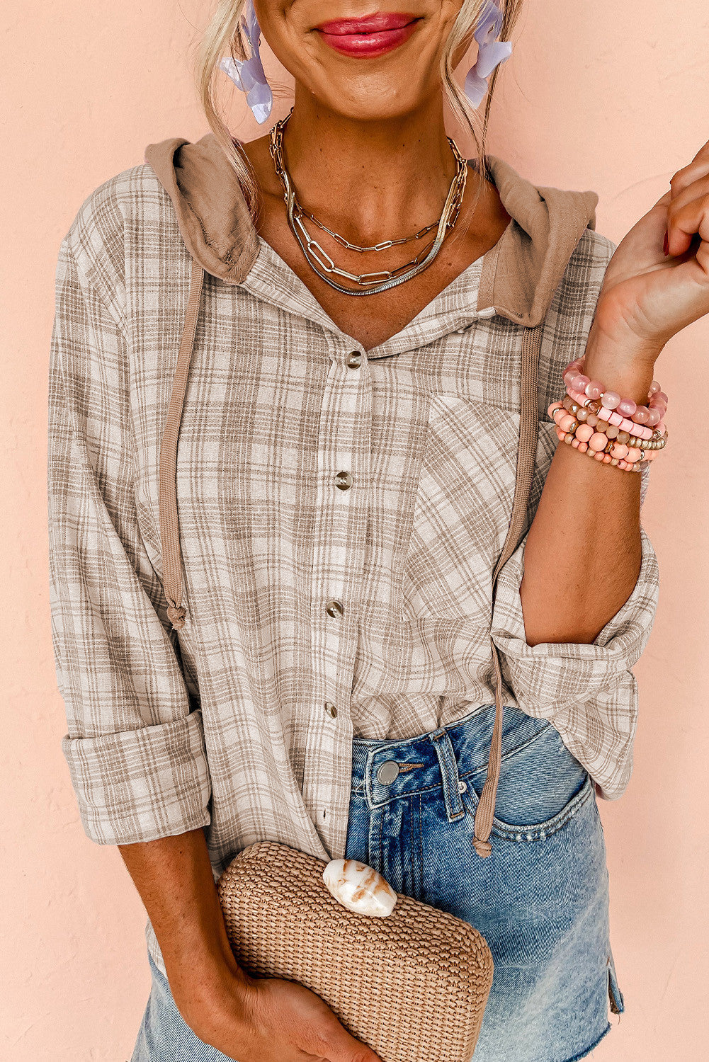Pre-order Khaki Checkered Hooded Shacket