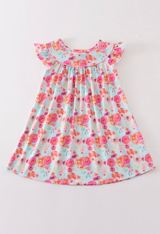 Girls Pink Floral Ruffle Dress