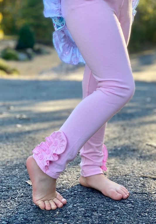 Girls Pink Ruffle and Button Leggings