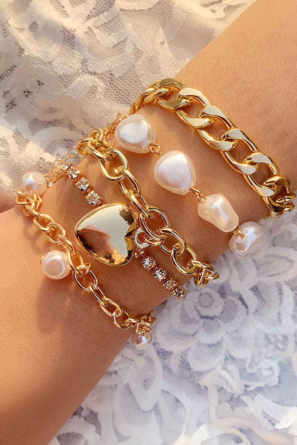 Women's 5 Piece Heart Gold Bracelet Set