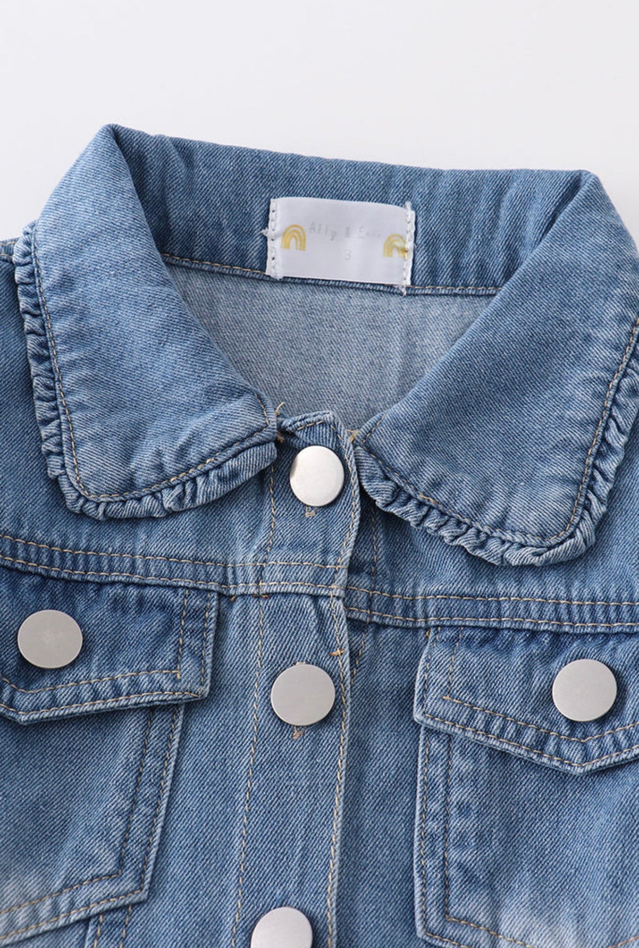 Girls Light Blue Distressed Ruffle Denim Jacket