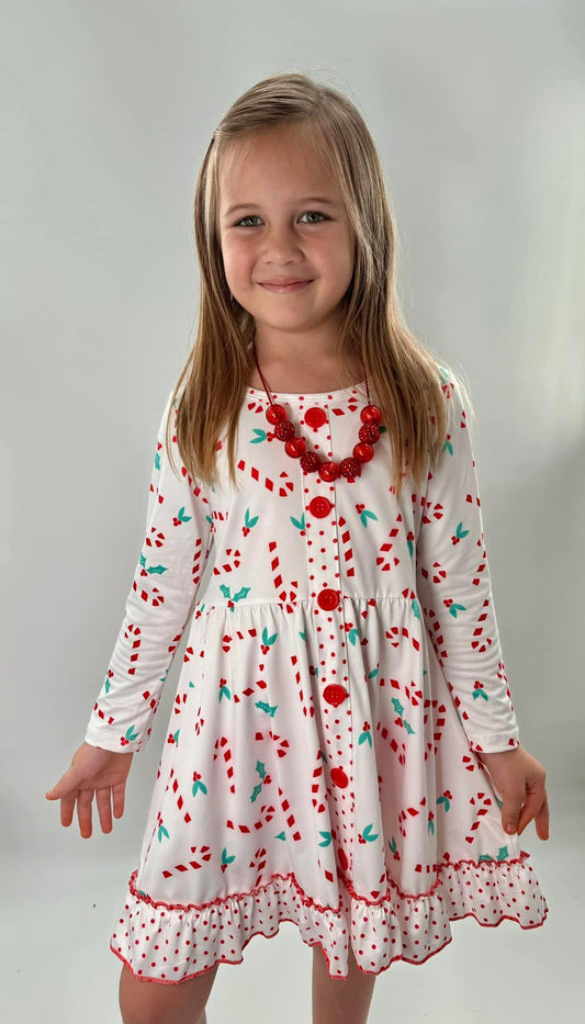 Girls Candy Cane and Holly Ruffle Dress