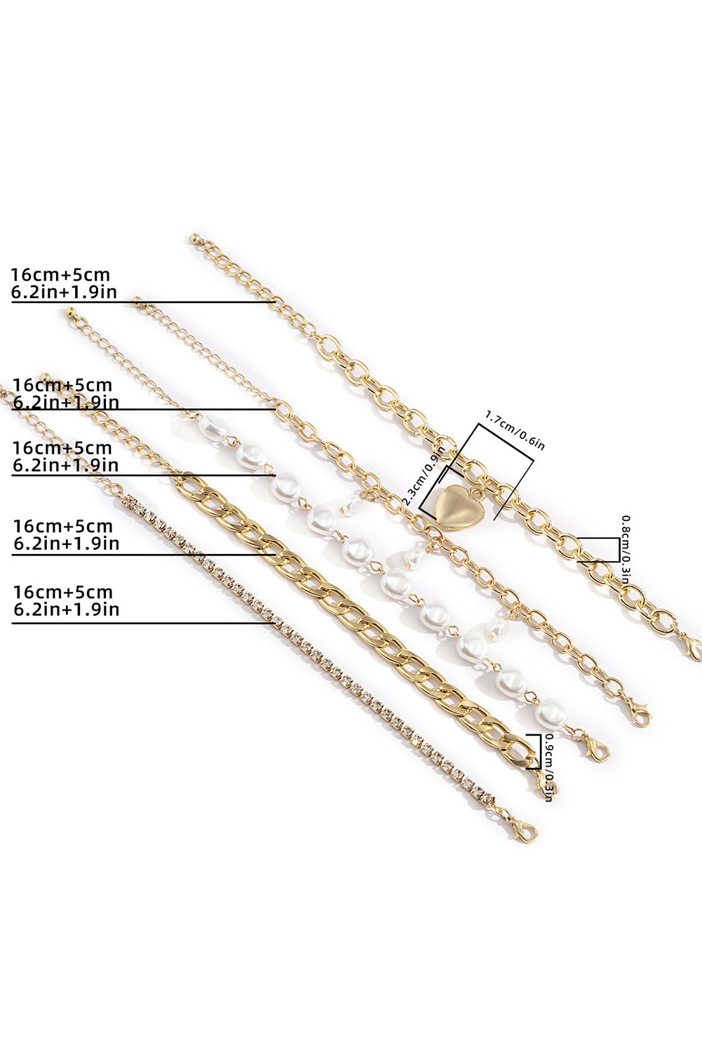 Women's 5 Piece Heart Gold Bracelet Set